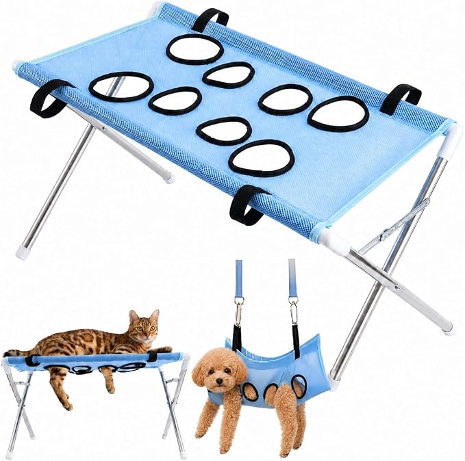 2-in-1 Foldable Pet Grooming Bed, Pet Shower Hammock (Blue) | Structure with Stable Stainless Steel Frame & Quick-Dry Mesh Foldable Suitable for Pet Washing Maintenance Travel Grooming