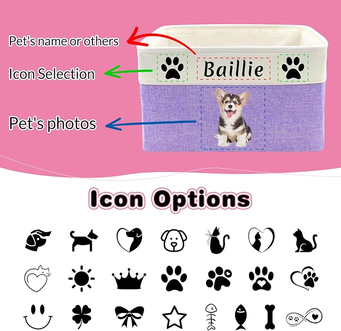 Personalized Dog Toy Basket with Name Photo Custom Dog Food Storage Bins Collapsible Organizer for Toys Dolls Clothing-Purple