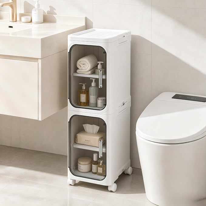 Narrow Slim Bathroom Storage Cabinet, 2 Tier with Wheels, Foldable, White | Tools Free, Adjustable Shelves,Lockable Wheels, Magnetic Door, PET and ABS, Storage for Narrow Spaces