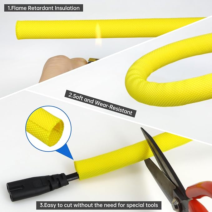 Split Braided Cable Sleeve，Flexible Wire Loom Tubing, Automotive Cord Protector Pet Proof, Cable Management for Computer TV Electric Wires Harness 16ft (Yellow, 19mm（3/4")