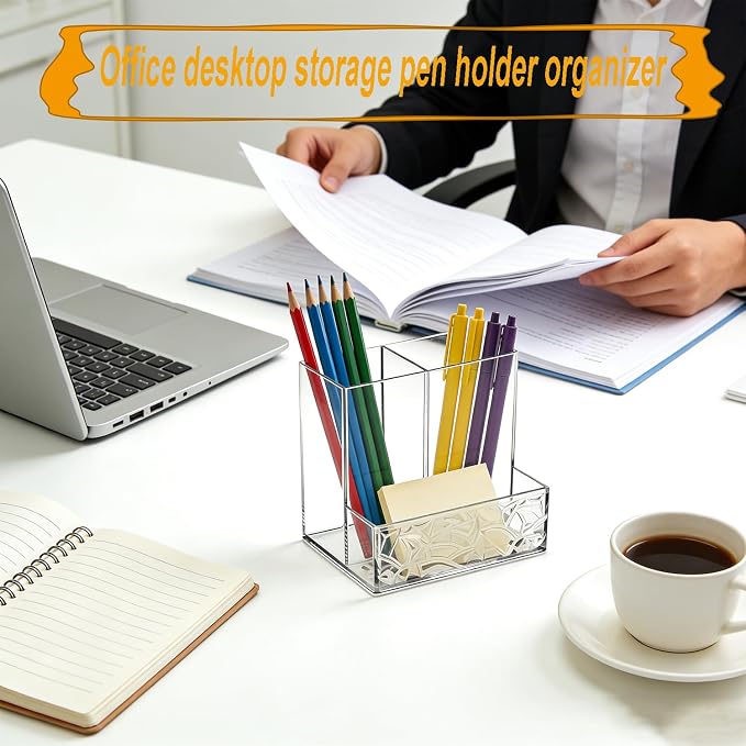 2 Pack Clear PET Pen Holder, 3 Compartment Desk Organizer, Shatter-Resistant, Stronger Than Acrylic, for Office Home School Bathroom Makeup