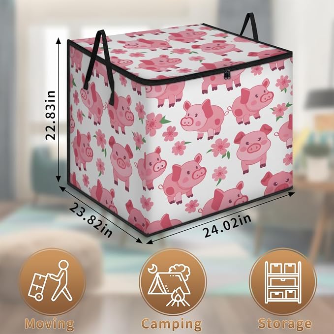 Pig Large Storage Bags, Fabric Bed Storage Containers, Foldable Closet Organizers for Blanket, Clothing, Comforter, Bedding, Pink