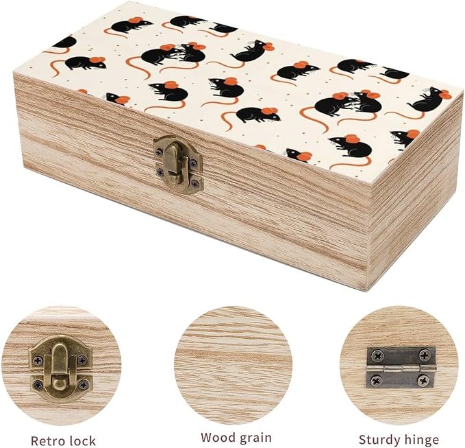 Wooden Keepsake Box for Memories Decorative Memory Boxes with Lid, Cute Rat | Gift Crafts Organizer, Wood Storage Container, Party Favor Decor, 9.2"x5.5"x3.9"