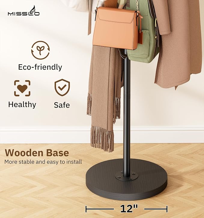 MISSLO Heavy Duty Coat Rack Freestanding with Stable Wood Base Metal Coat Tree Adjustable Coats Hanger Stand with 6 Hooks Clothes Tree for Jackets, Hats, Bags Standing Purse Rack for Bedroom, Office
