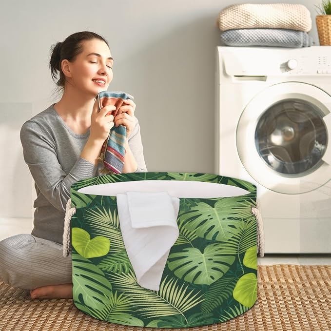 Large Storage Baskets - Monstera Heart Leaf Nursery Organizer Bin Box with Handles Collapsible Round Laundry Hamper for Kids Toys Pet Blanket, Bedroom Living Room Home Decor Gift Basket