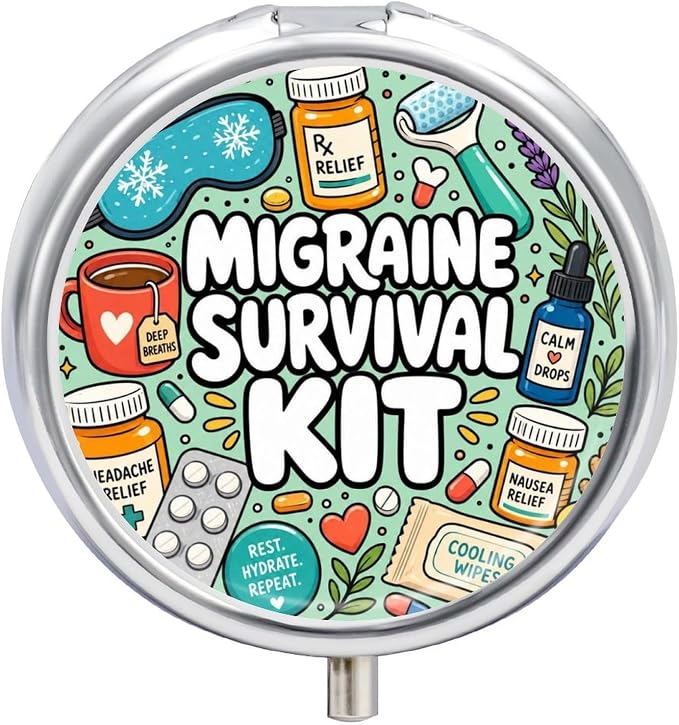 Colorful Migraine Survival Kit Illustration Round Pill Box with 3 Compartments, Portable Travel Pill Organizer with Spring Snap Closure for Vitamins Supplements Fish Oil