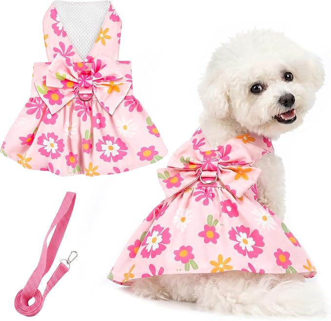 Dog Dress Harness Dresses Leash Set for Small Dogs Cute Girl Dog Clothes with Bowknot Puppy Outfits for Shih Tzu Yorkies Chihuahua