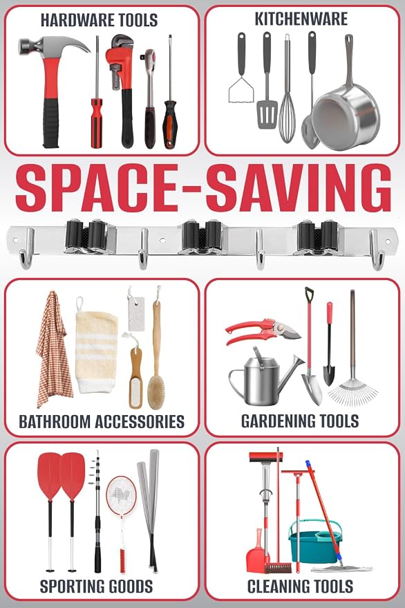 The Good Stuff Compact Mop and Broom Holder Wall Mount – Stainless Steel Organizer with 3 Racks and 2 Hooks – Rust-Resistant, Space-Saving Tool Hanger for Closet, Kitchen, Garage, or RV