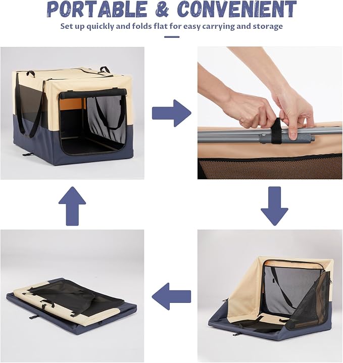 PETSFIT 36" Soft Portable Dog Crate – Patented Spiral Sturdy Frame, Collapsible Travel Kennel for Medium & Large Dogs, 3 Mesh Door, Lockable Zippers, Indoor & Car Use Navy Blue