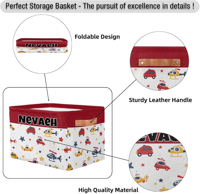 Custom Name Storage Bin, Personalized Rectangular Storage Basket with Handles for Organizing Boys Girls Toys Office Closet Shelf Baskets, Cartoon Cars Helicopters