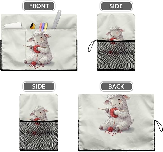 Cute Knitting - Sheep Sewing Machine Cover,Protective Cover with Side Handle and Sewing Essentials Pockets,Dust & Pet Hair Protection,Fits Standard Singer & Brother Machine(Off-White)
