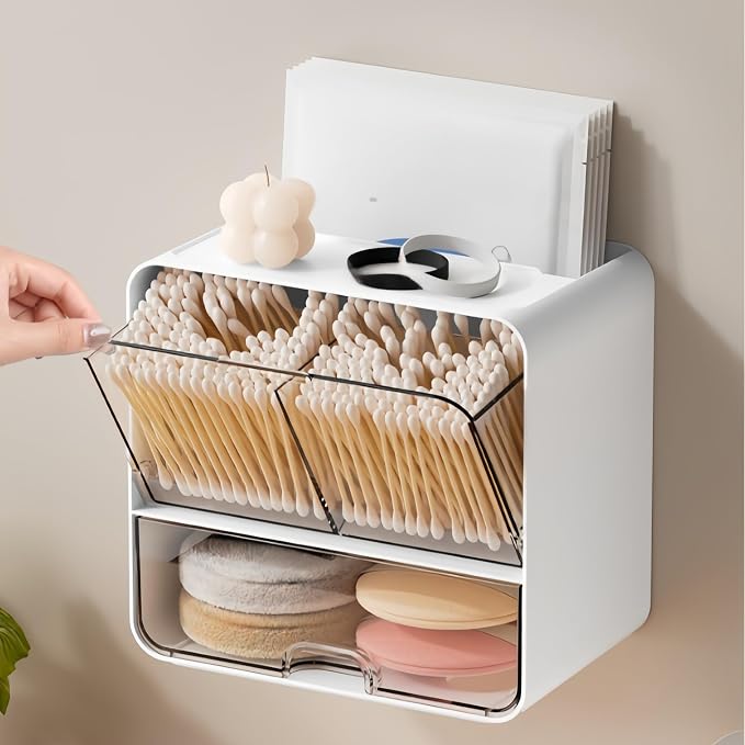 Acrylic Wall Mount Organizer, Wall Mounted Tampon and Pad Holder for Bathroom, No Drilling Feminine Hygiene Organizer with Lid and Drawer for Bathroom Cotton Swabs, Balls, Pads, Floss Picks