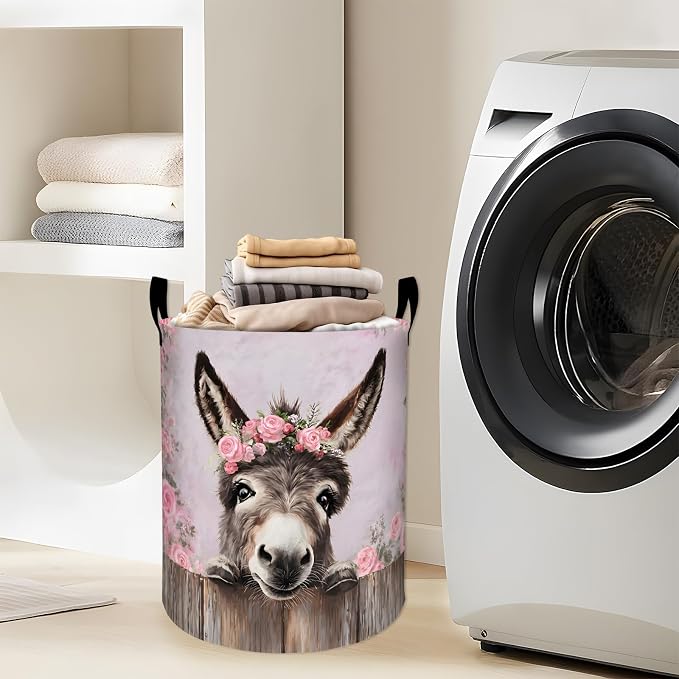 Donkey Floral Laundry Basket, Pink Rose Flower Storage Hamper, Round Collapsible Waterproof Cloth Bin, 19.7x15.7 Inch Rustic Watercolor Farmhouse Clothes Organizer Gifts for Bathroom Decor