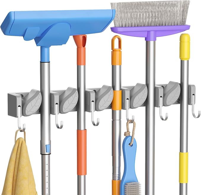 Lifewit Mop and Broom Holder Organizer Wall Mount Non-Slip, 1 Pack, Gray | Easy Install One Handed Push Cleaning Tool Hanger with 6 Hooks 5 Slots, Heavy Duty Hanging Utility Rack for Garden, Garage