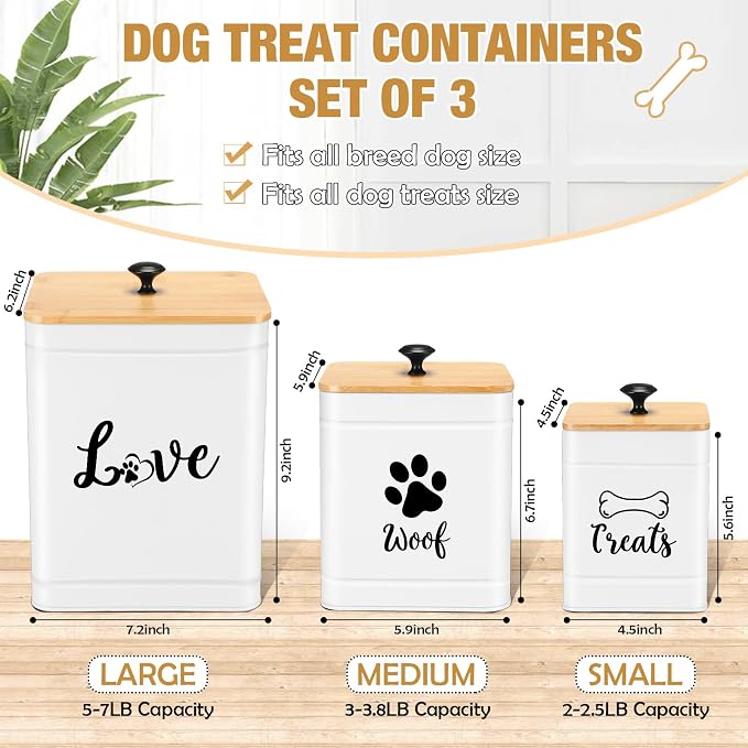 Jingmore Metal Dog Treat Containers Set of 3 with Bamboo Lids and Spoon Airtight 7+3+2 lbs Dog Food Snack Jars with DIY Labels Big Pet Cookie Storage Jar for Kitchen Counter(White,Modern)