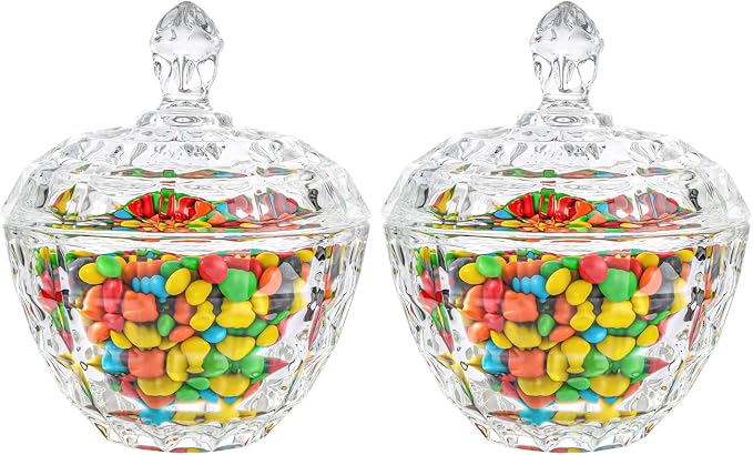 ComSaf 9oz Glass Candy Dish with Lid 2 Pack Small Jar Decorative Covered | Covered Candy Storage, Coffee Table Office Desk, Bathroom Vanity Decor, Countertop Display, Wedding Favors, Living Room Decor