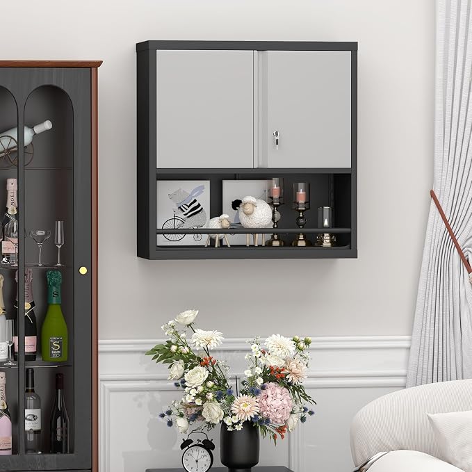 Metal Cabinet Wall Mounted, Garage Wall Cabinets with Doors & Adjustable Shelves, Steel Floating Hanging Storage Cabinet, Metal Locking Cabinet for Bathroom, Office, Warehouse