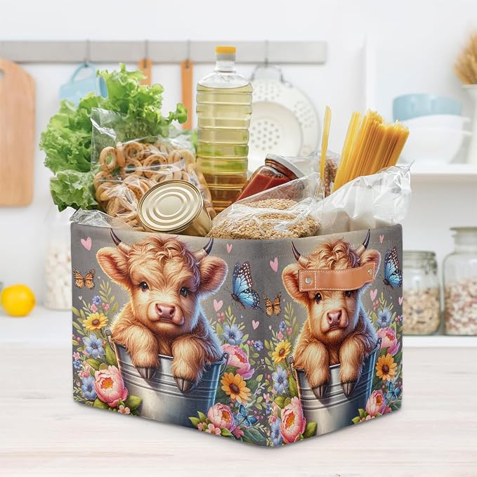 Basket Storage Bins Alpine Cattle Cow Flower Rectangle Cube Basket Box Kids Girls Boys Toys Organizer Beaket Decor Foldable with Handle for Living Room Bedroom Closet Nursery Office Shelf Gifts