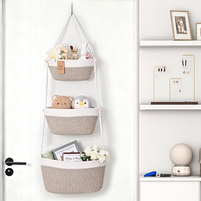 Hanging Basket, 3-Tier Woven Wall Basket with 4 Hooks, Cotton Rope Storage Baskets, Over the Door Organizer for Nursery, Bedroom, Cottage and Boho Wall Decor