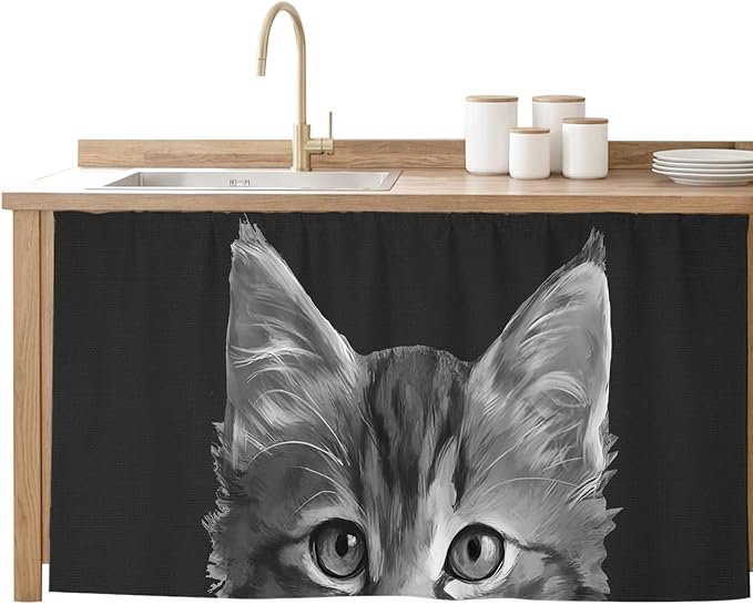 Black Cat Cabinet Curtain 28"Wx51"L,Dustproof Storage Cabinet Curtain with Self Adhesive Tape,Cute Pets Eyes Fur Vintage Oil Painting Tall Pantry Cover Drape for Kitchen,Laundry Room,Utility Closet