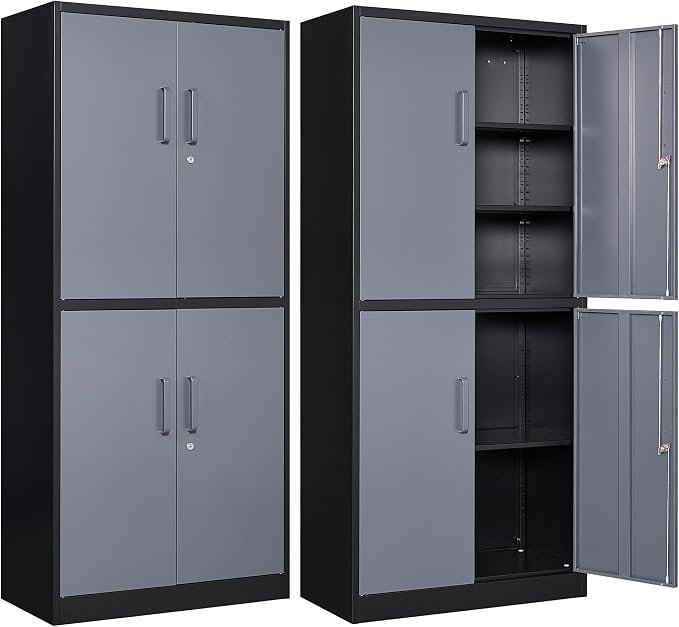 Metal Storage Cabinets with Lock Door and Shelves, Steel Garage Tool Cabinets for Home,Office, Warehouse,Lockers(71"-Black Gray)