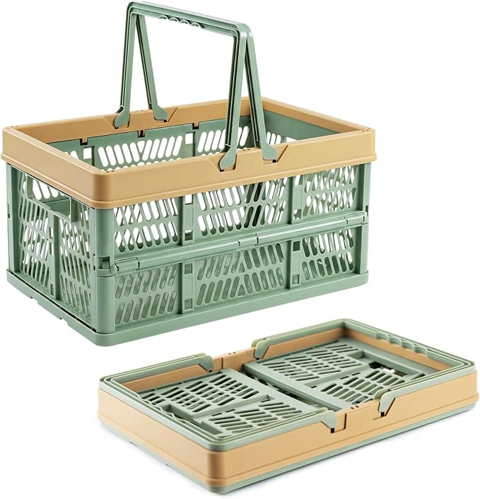 VALESKA Collapsible Crate 20L, Foldable Plastic Milk Crates for Storage, Collapsible Shopping Basket with Handles,Car Trunk Basket,for Kitchen（Green）