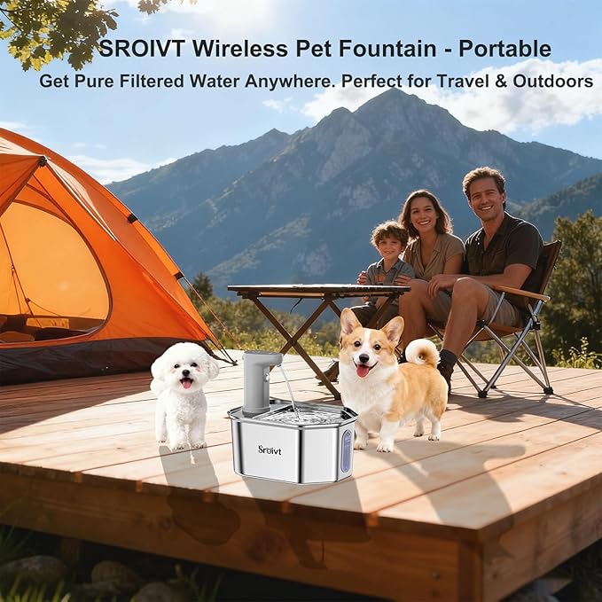 Cordless Cat Water Fountain Stainless Steel - Stainless Steel Cat Water Fountain Cordless - Water Fountain for Cats - Wireless Pet Water Fountain - Motion Sensor/Battery Operated 2.6L,1 Filter