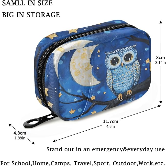 Fustylead Owl Birds on Branch in Night Sky Moon Stars Travel Pill Case Bag with Zipper Weekly Pill Box 8 Compartments 7 Day Personal Pill Case Purse Medicine Case Organizer