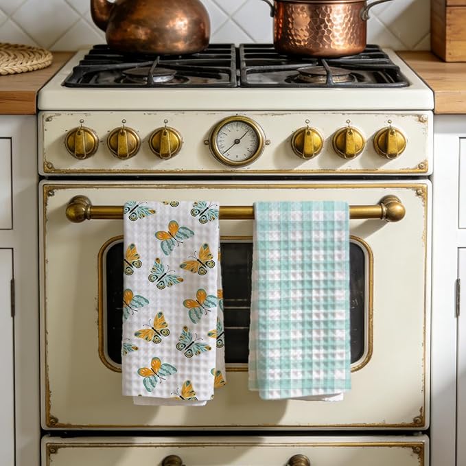 Butterfly and Green Checkered Kitchen Towels, Quick Dry Multipurpose Waffle Weave Hand Towels for Bathroom, Absorbent Reusable Cloth Tea Dish Towels for Home Decor, Butterfly Lover Gift Towel Set of 2