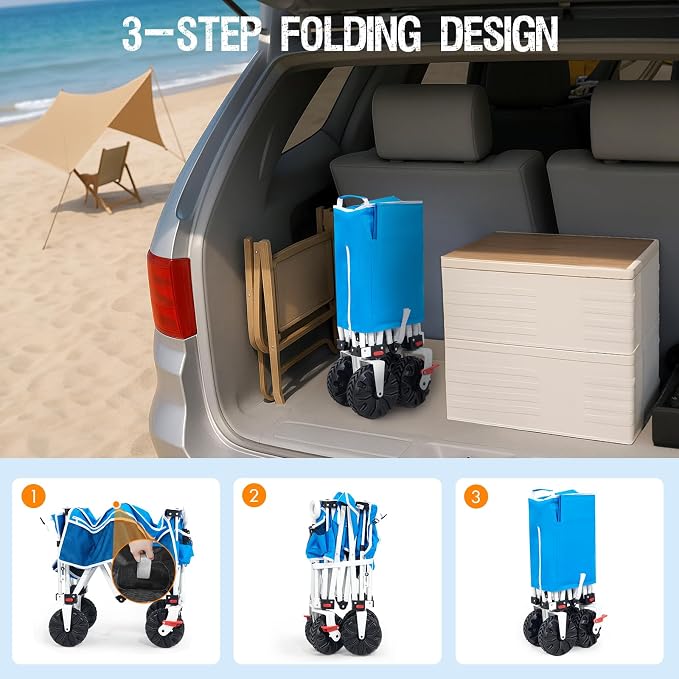 Old Bahama Bay 300lbs Extra Long 49" L Beach Wagon with Big Wheels with Brake for Sand, Collapsible Utility Beach Cart Heavy Duty Folding Wagon,Ideal for Outdoor Sand Camping Garden Pet