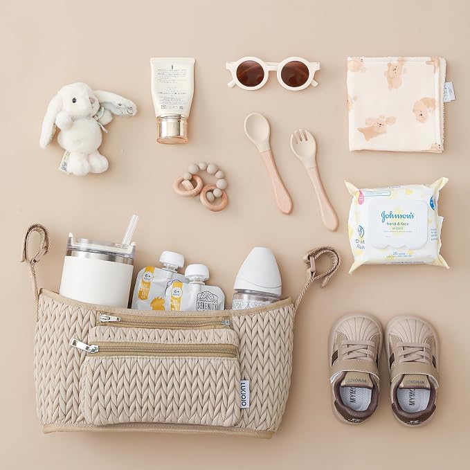 Stroller Organizer - Stylish 3D Herringbone Quilting Nylon, Universal Fit, Detachable Bag, Adjustable Multi-Storage for Baby Essentials