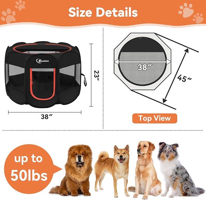 Siedihit Dog Playpen, Large Puppy Pet Playpen, Dog Crate Tent Cage Indoor | Outdoor, Portable Pop Up Dogs Kennel Playpen with Carrying Case for Dogs/Cats/Rabbits, Black