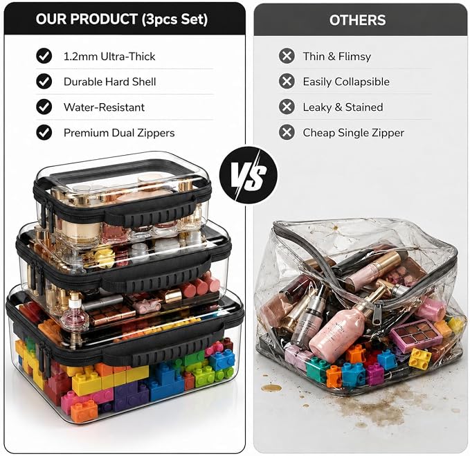 Clear Hard Shell Zipper Case 3PCS Set, 1.2mm PET Travel Organizer | Deep waterproof stackable storage pouches with handle. Heavy duty clear zipper bags for travel, makeup, toys and snacks