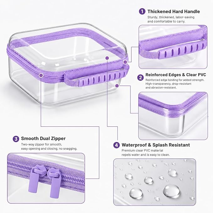 Clear Hard Shell Zipper Case 3PCS Set, 1.2mm PET Travel Organizer | Deep waterproof stackable storage pouches with handle. Heavy duty clear zipper bags for travel, makeup, toys and snacks