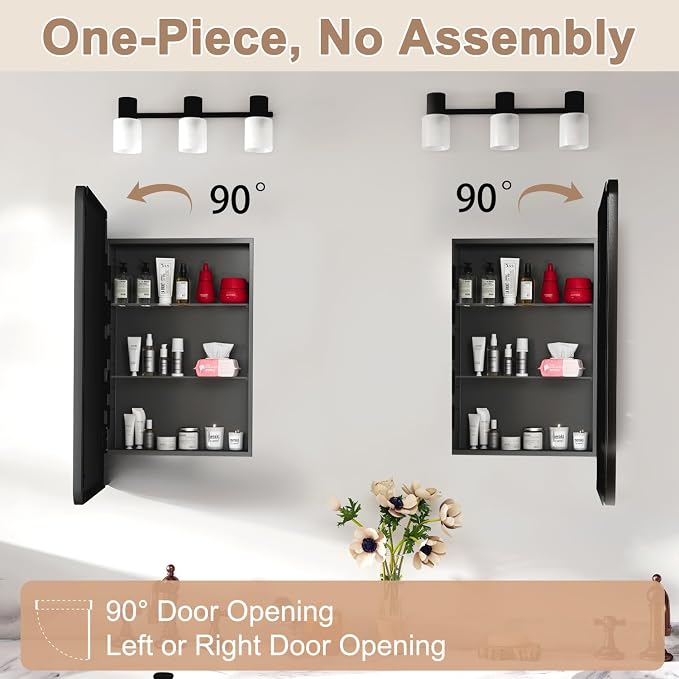 16x27.5 in Bathroom Medicine Cabinet with Mirror, Matte Black | Fully Assembled; Recessed or Surface Wall Mount; Metal Cabinet with Tempered Glass Mirror and Two Adjustable Glass Shelves