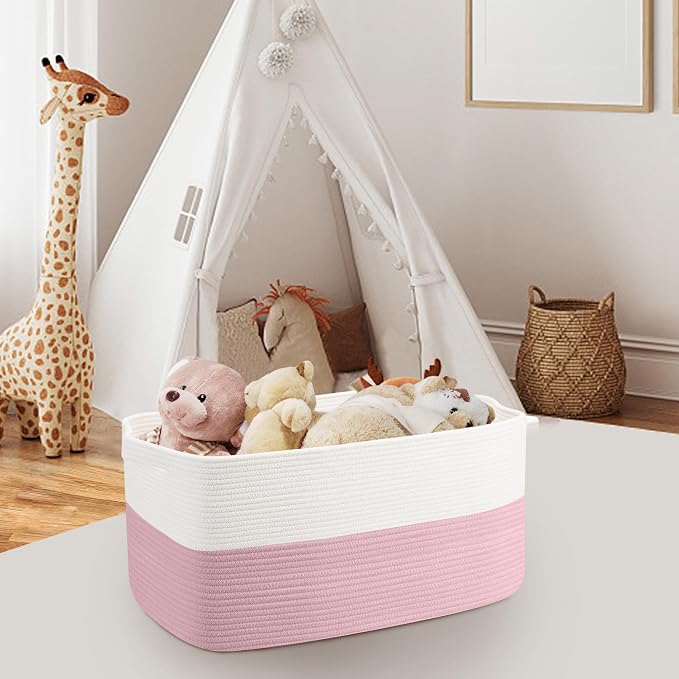 MEGASKET Large Pink Storage Basket, 22" x 17" x 12" Rectangle Cotton Rope Bin for Organizing, Woven Blanket storage for Living Room, Kids Toy Bin Box, Decorative Nursery Storage, Pink Room Decor