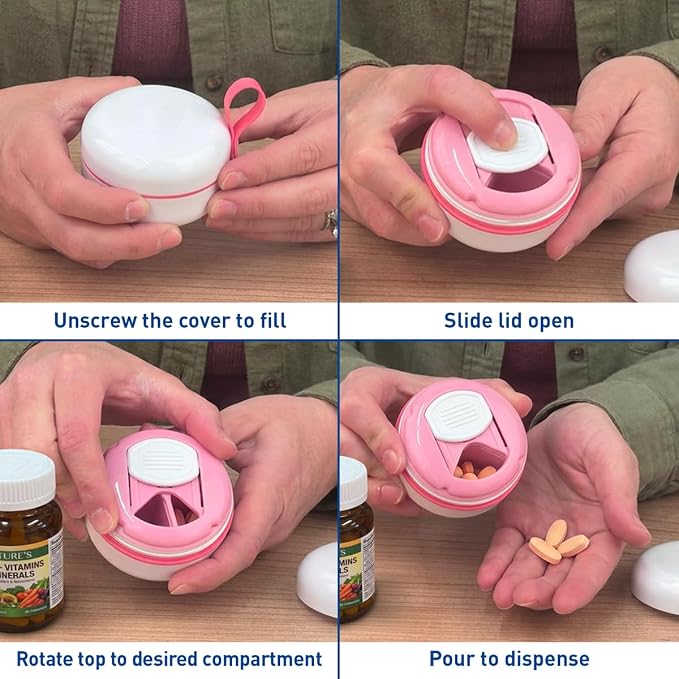 Ezy Dose Mini Vitamin Organizer, Multi Compartments, White & Pink, Small | Portable and Compact Design, Easy Access Sliding Pill Dispenser, Supplement Organizer with Anti-Mix Design, Travel Friendly