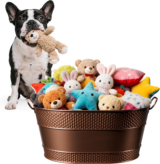 Copper Metal Dog Toy Storage Bin, 25-Quart | Sturdy Oval Design with Handles, Easy Toy Access and Carrying, Suitable for Living Rooms