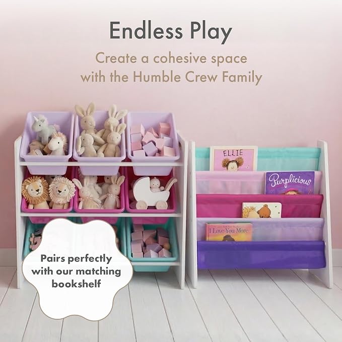 Humble Crew Kids Toy Organizer with 9 Bins, 3 Tier Storage for Playroom | Sturdy wood and steel toddler shelf, removable BPA-free containers, wall anchor anti-tip safety kit for bedroom or classroom