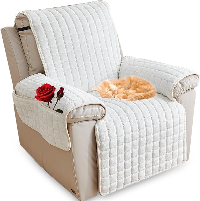 Polyester Flannel Recliner Cover, Non-Slip with 2 Side Pockets | Soft short-pile polyester with silicone backing guards armrests from pet scratches; thick one-piece cover, machine washable.