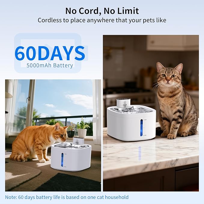 Wireless Cat Water Fountain, 118oz/3.5L Battery Operated Pet Water Dispenser with Stainless Steel Tray, Ultra Quiet Automatic Fountain with Motion Sensor for Cats Dogs(Cat Fountain+2Filters)