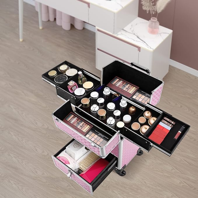 Rolling Makeup Train Case with Drawers, Cosmetic Travel Trolley, Storage Sliding Drawer 4 Tray Cosmetics Beauty Organizer Lockable Luggage Trolley w/ Wheels for Makeup/Nail Art/Hair Styling (Pink)
