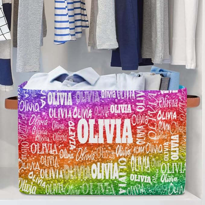 Custom Name Storage Bin, Bright Colorful Rainbow Sequins Glitter | Organizing Boys Girls Pets Toys Closet Shelf Clothes Books