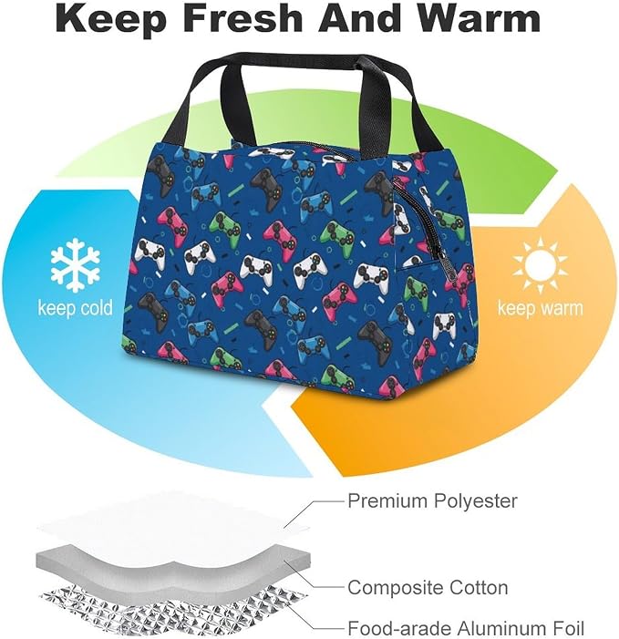 Large Capacity Insulated Lunch Bag, Video Game | Leakproof Cooler Tote, Wear Resistant, Portable Food Carrier Bags, for Party Camping Beach Vacation