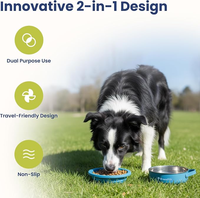 PawsPik 2-in-1 Travel Dog & Cat Bowl – Collapsible BPA-Free Silicone | 18/8 Stainless Steel, Portable & Non-Slip with Handle, Easy to Clean, Food & Water Bowl for On-the-Go Pets