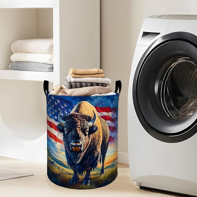 Patriotic Bison Laundry Basket, Wild Animal American Flag Storage Hamper, Round Collapsible Waterproof Cloth Bin, 19.7x15.7 Inch Rustic Clothes Organizer Gifts for Bathroom Decor