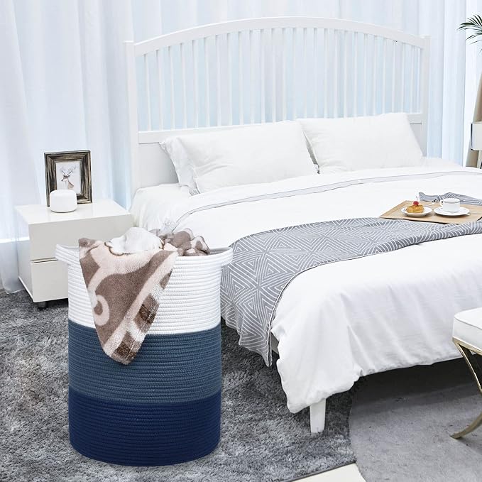Cotton Rope Blanket Basket, 72L Tall Laundry Hamper, White & Blue