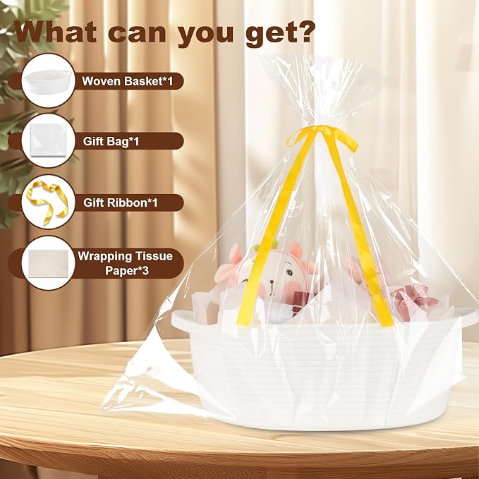 OIAHOMY Gift Basket with Handle, 15.4"x 11.4"x 6.7" Woven Basket with Gift Bag, Ribbon and Wrap Tissue Paper, Nursery Bins Empty to Fill with Towels, Baby, Pet Toy Organizer - White