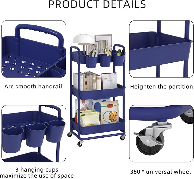3-Tier Plastic Rolling Storage Cart Utility Cart Blue | Utility Cart with Extra Hanging Cups Arc-Shaped Handles Lockable Wheels for Living Room Bathroom Kitchen Office