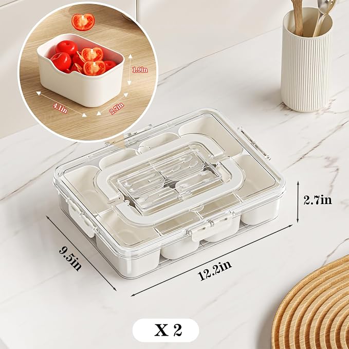 Divided Serving Tray with Lid and Handle Charcuterie Container Snackle Box Portable Storage Organizer Platter with Forks and Spoons for Fruit, Snacks, Veggie, Nuts, Perfect for Party, Picnic(2 Pack)
